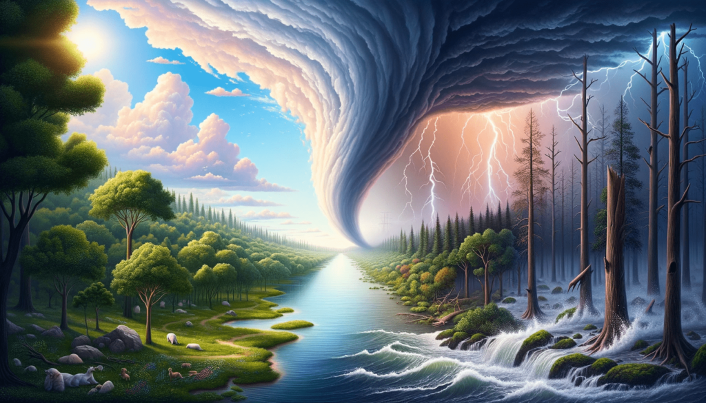 2:1 aspect ratio image that realistically, with a hint of surrealism, juxtaposes serene nature and destructive natural events. On the left, a tranquil landscape features clear skies, a peaceful river, and lush greenery. This calmness gradually transitions into chaos on the right, where a tornado forms in the distance, lightning strikes a tree, and floodwaters surge. The blending in the center is seamless, as if the calm is morphing into turmoil. The color palette is soft pastels for the serene side, contrasting with deep, dark tones for the destructive side.