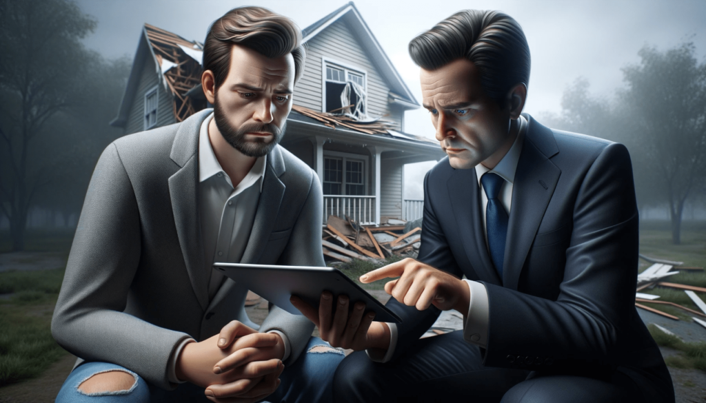 A 2:1 aspect ratio lifelike image captures a pivotal moment of legal advice. A lawyer, dressed impeccably in a sharp suit, accompanies a worried homeowner. Their shared attention is on a digital tablet, which clearly displays the front section of an insurance policy. Lending context, the background features a house with visible damage caused by a fallen tree. The scene benefits from soft and clear lighting, spotlighting their expressions and the tablet's content. The color tones revolve around blues, greys, and browns, emphasizing the scene's somber mood.