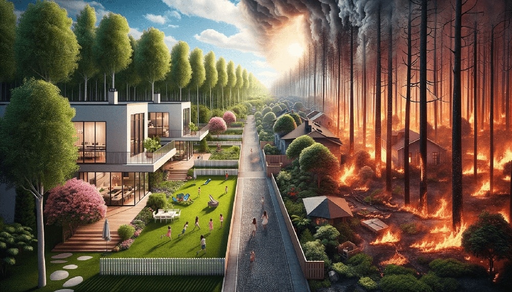 A vivid, photorealistic depiction in a 2:1 aspect ratio divides the scene into two contrasting halves. On the left, a serene suburban setting is bathed in sunlight, showcasing modern architecture, vibrant green spaces, and children immersed in play. On the right, the scenario changes dramatically as a forest succumbs to raging wildfire, the sky tainted by dense, ashen smoke. The transition between the two halves is artistically executed, with elements like a tree in the peaceful neighborhood subtly transitioning into a burning counterpart, highlighting the fine line separating safety from disaster.