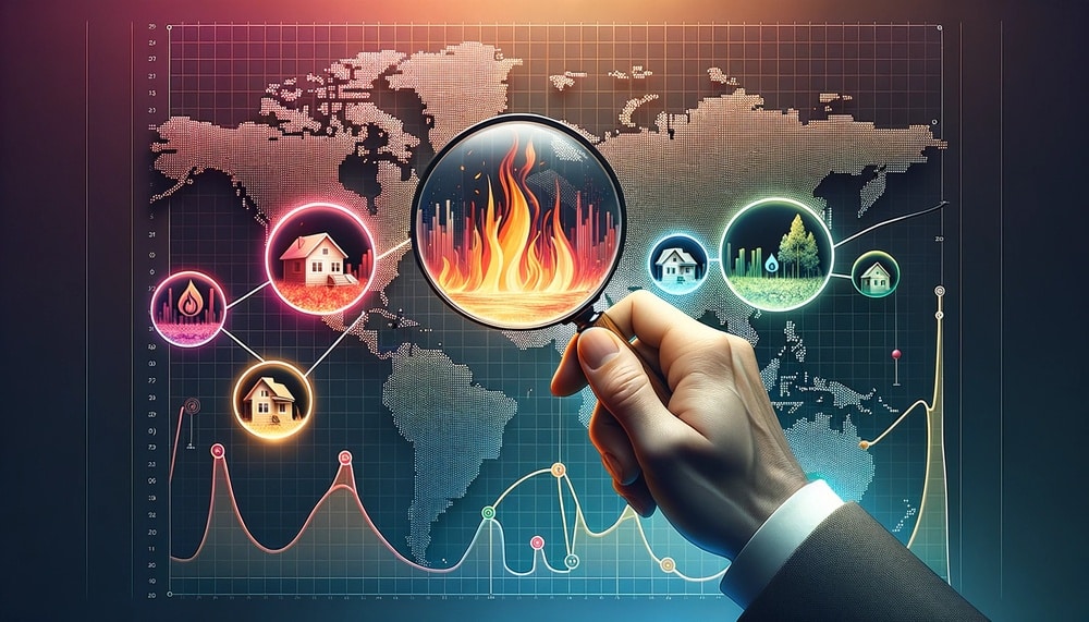 A 2:1 aspect ratio image illustrates an analytical hand, poised and professional, wielding a magnifying glass over a map. As the magnifying glass hovers over specific regions, it unveils distinct symbols that stand for wildfire risk factors. Vivid flames denote climate change's role, houses point to the challenges of unchecked development in fire-prone zones, and a matchstick signifies human-induced fires. The map adopts subdued colors, making the symbols pop in vibrant shades. A gradient background, shifting from light to dark, emphasizes the escalating urgency tied to these risks.