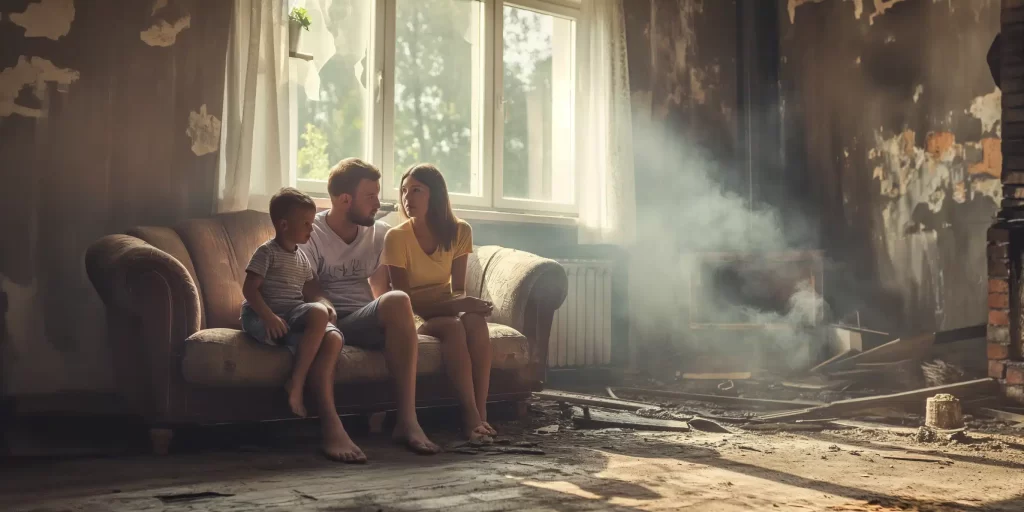 a family living in a house with smoke damage