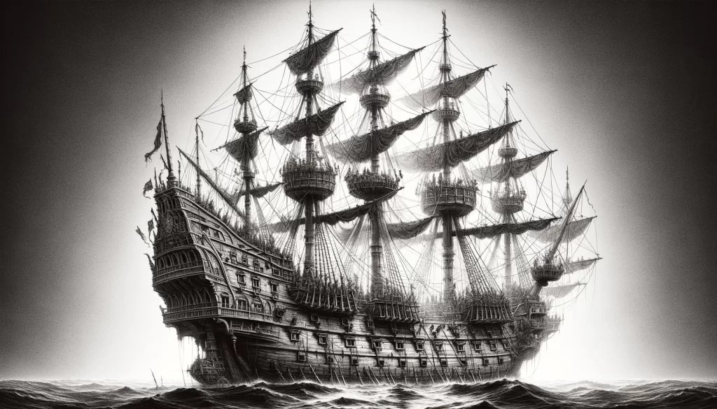 An intricately detailed Spanish galleon at sea, laden with treasure, depicted in monochrome with shades resembling graphite pencil strokes. The image should emulate a DSLR camera output with a prime 50mm f/1.4 lens. The composition is a broadside view capturing the complexity of the rigging, adhering to the rule of thirds, and giving the impression of a black and white film photograph with an ISO 100 for fine grain detail. Lighting is soft and diffused as if from an overcast sky, enhancing the elaborate superstructure of the ship which stands as a dramatic silhouette against a lightly illuminated sky. Camera settings mimic a shutter speed of 1/125s, aperture of f/8, with manual focus and auto white balance for realism.