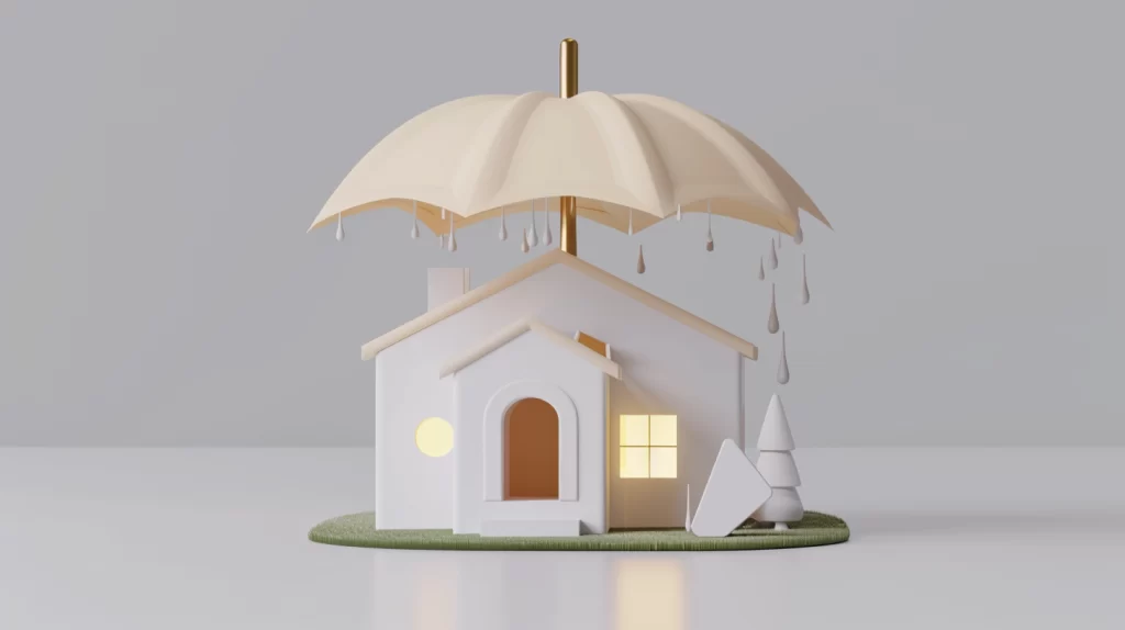 A clean, modern 3D render of a cute house sheltered underneath a large patchwork umbrella. The umbrella has a few holes and patches, letting some rain through onto the house. The house stands on a simple green lawn under a cloudy sky. The colors are slightly muted but warm. The overall composition is simple but visually engaging, clearly conveying the concept of imperfect protection.